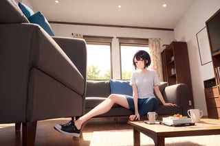 (masterpiece), best quality, [1girl: 3], [short hair: 3], [black hair: 3], [brown eyes: 3], [shirt: 3], [short sleeve: 3], [blue pants: 3], [shoes: 3], [sitting on couch: 3], living room, medium shot