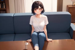 (masterpiece), best quality, 1girl, short hair, black hair, brown eyes, shirt, short sleeve, blue pants, shoes, sitting on couch, living room, POV