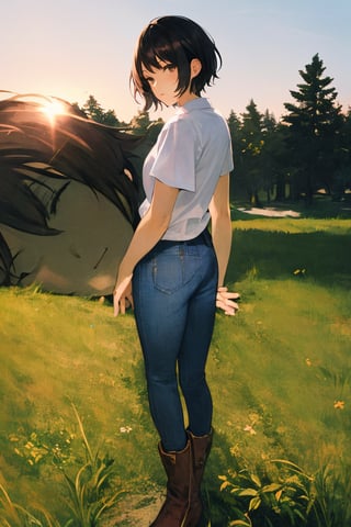 (masterpiece), best quality, 1girl, solo, black hair, short hair, brown eyes, shirt, short sleeve, blue pants, boots, standing, outdoor, grass, trees, sunset