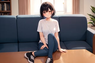 (masterpiece), best quality, 1girl, short hair, black hair, brown eyes, shirt, short sleeve, blue pants, shoes, sitting on couch, living room, long view, front view