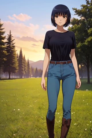 (masterpiece), best quality, 1girl, solo, black hair, short hair, brown eyes, shirt, short sleeve, blue pants, boots, standing, outdoor, grass, trees, sunset