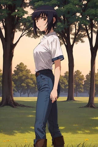 (masterpiece), best quality, 1girl, solo, black hair, short hair, brown eyes, shirt, short sleeve, blue pants, boots, standing, outdoor, grass, trees, sunset