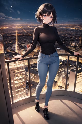 (masterpiece), best quality, 1girl, black hair, short hair, shirt, turtleneck, long sleeve, skinny pants, shoes, standing, from above, city, night sky