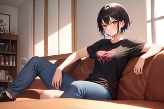 (masterpiece), best quality, [1girl: 3], [short hair: 3], [black hair: 3], [brown eyes: 3], [shirt: 3], [short sleeve: 3], [blue pants: 3], [shoes: 3], [sitting on couch: 3], living room, medium shot