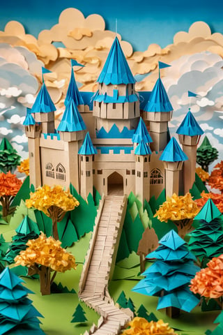 castle made of paper, highly detailed, paper clouds, paper trees, paper landscape, Modular Origami, Ultra-HD, Super-Resolution, origami, paper art, high quality image, masterpiece, hdr, 4k

