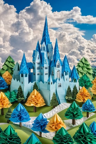 castle made of paper, highly detailed, paper clouds, paper trees, paper landscape, Modular Origami, Ultra-HD, Super-Resolution, origami, paper art, high quality image, masterpiece, hdr, 4k

