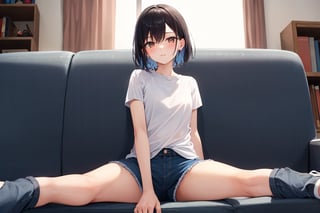 (masterpiece), best quality, 1girl, short hair, black hair, brown eyes, shirt, short sleeve, blue pants, shoes, sitting on couch, living room, POV, front view