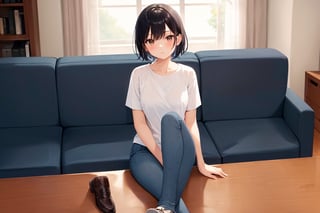 (masterpiece), best quality, 1girl, short hair, black hair, brown eyes, shirt, short sleeve, blue pants, shoes, sitting on couch, living room, wide view