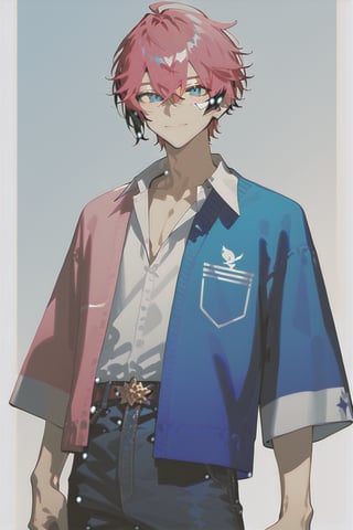 solo,matured male,25years old man,akagi_wen,best quality,amazing quality,SCORE_9,SCORE_8 UP,SCORE_7 UP,high resolution,pink_hair,multicolored hair,blue eyes,cowboy_shot