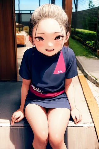 Mesugaki, 10 years old, park, miniskirt, smiling face, sweaty clothes, fan, porch