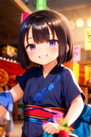 Mesugaki,10 years old,smiling face, short sleeve clothes,summer,and Attack is Tease with a bewitching smile,Summer festival,yukata