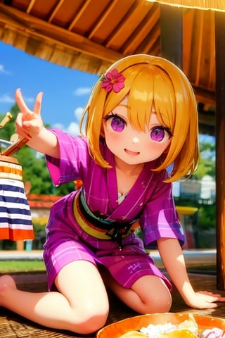 Mesugaki,10 years old,smiling face, short sleeve clothes,summer,and Attack is Tease with a bewitching smile,Summer festival,yukata
