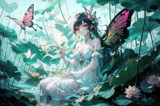 fairy, green nature, purple hair, pink eyes, pink dress, long hair, flowing hair, gentle smile, graceful, elegant, beautiful, delicate features, rose-themed, floral accents, magical aura, fantasy setting, soft lighting, magical glow, whimsical, dreamlike, enchanting atmosphere, storybook-like, fairytale-inspired, surrounded by nature, magical creatures, enchanting forest, glowing flowers, butterfly accessories, delicate butterfly wings, gentle breeze, flowing dress, peaceful, serene, magical powers, glowing eyes, magical symbols, fairy tale castle, magical landscape, fantasy art, masterwork, high quality, ultra-detailed, ethereal beauty, otherworldly, fantasy lighting.",xuer Lotus leaf