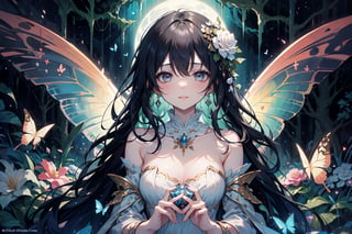 fairy, black hair, green eyes, white dress, long hair, flowing hair, gentle smile, graceful, elegant, beautiful, delicate features, rose-themed, floral accents, magical aura, fantasy setting, soft lighting, magical glow, whimsical, dreamlike, enchanting atmosphere, storybook-like, fairytale-inspired, surrounded by nature, magical creatures, enchanting forest, glowing flowers, butterfly accessories, delicate butterfly wings, gentle breeze, flowing dress, peaceful, serene, magical powers, glowing eyes, magical symbols, enchanted rose, fairy tale castle, magical landscape, fantasy art, masterwork, high quality, ultra-detailed, ethereal beauty, otherworldly, fantasy lighting."