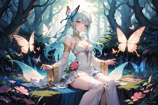 fairy, green nature, white hair, pink eyes, pink dress, long hair, flowing hair, gentle smile, graceful, elegant, beautiful, delicate features, rose-themed, floral accents, magical aura, fantasy setting, soft lighting, magical glow, whimsical, dreamlike, enchanting atmosphere, storybook-like, fairytale-inspired, surrounded by nature, magical creatures, enchanting forest, glowing flowers, butterfly accessories, delicate butterfly wings, gentle breeze, flowing dress, peaceful, serene, magical powers, glowing eyes, magical symbols, fairy tale castle, magical landscape, fantasy art, masterwork, high quality, ultra-detailed, ethereal beauty, otherworldly, fantasy lighting."