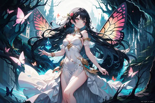 fairy, black hair, green eyes, white dress, long hair, flowing hair, gentle smile, graceful, elegant, beautiful, delicate features, rose-themed, floral accents, magical aura, fantasy setting, soft lighting, magical glow, whimsical, dreamlike, enchanting atmosphere, storybook-like, fairytale-inspired, surrounded by nature, magical creatures, enchanting forest, glowing flowers, butterfly accessories, delicate butterfly wings, gentle breeze, flowing dress, peaceful, serene, magical powers, glowing eyes, magical symbols, enchanted rose, fairy tale castle, magical landscape, fantasy art, masterwork, high quality, ultra-detailed, ethereal beauty, otherworldly, fantasy lighting."