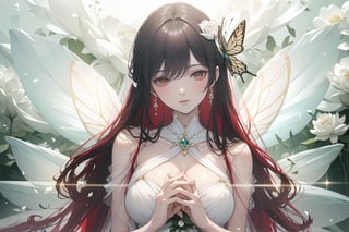 fairy, green nature, red hair, brown eyes, white dress, long hair, flowing hair, gentle smile, graceful, elegant, beautiful, delicate features, rose-themed, floral accents, magical aura, fantasy setting, soft lighting, magical glow, whimsical, dreamlike, enchanting atmosphere, storybook-like, fairytale-inspired, surrounded by nature, magical creatures, enchanting forest, glowing flowers, butterfly accessories, delicate butterfly wings, gentle breeze, flowing dress, peaceful, serene, magical powers, glowing eyes, magical symbols, fairy tale castle, magical landscape, fantasy art, masterwork, high quality, ultra-detailed, ethereal beauty, otherworldly, fantasy lighting.",xuer Lotus leaf,DonM0m3g4,TinkerWaifu,Anigame ,glowwave,TDSVxxx,sks,firefliesfireflies,floral dress