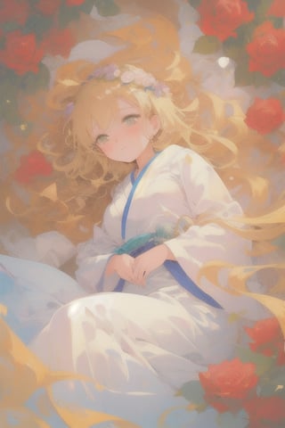 Create an illustration in Japanese shoujo manga style of a beautiful blonde Western girl lying in a colorful sea of roses. The image should have a spring atmosphere with vibrant colors and soft lighting. The girl should be in a front view with delicate features and a dreamy expression, surrounded by detailed flowers. The overall mood should be romantic and whimsical."
