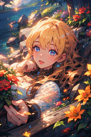 (masterpiece), best quality, high resolution, extremely detailed, detailed background, dynamic lighting, realistic, photorealistic, princess,1 girl,
blonde long hair, lying in a sea of flowers, one hand touching face, realistic