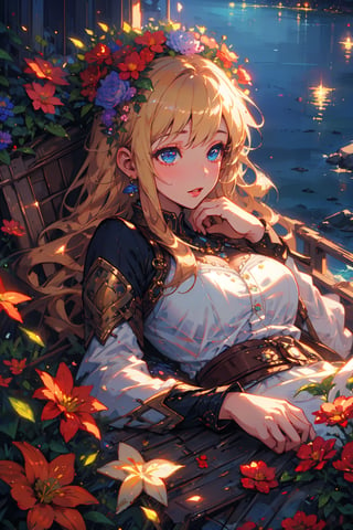 (masterpiece), best quality, high resolution, extremely detailed, detailed background, dynamic lighting, realistic, photorealistic, princess,1 girl,
blonde long hair, lying in a sea of flowers, one hand touching face, realistic