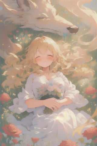 "A romantic, whimsical image of a beautiful blonde girl with her eyes closed, lying in a field of colorful roses. The scene has a dreamy and serene expression with a detailed floral background and soft pastel colors, capturing the ethereal and peaceful essence of spring."