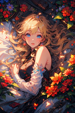 (masterpiece), best quality, high resolution, extremely detailed, detailed background, dynamic lighting, realistic, photorealistic, princess,1 girl,
blonde long hair, lying in a sea of flowers, one hand touching face, facing viewer , realistic