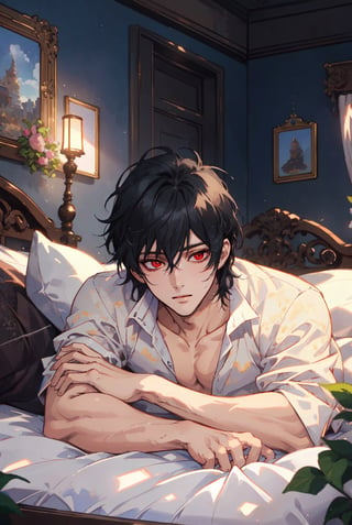 (masterpiece), best quality, high resolution, extremely detailed, detailed background, dynamic lighting, realistic, photorealistic, Prince, one man, just woke up look, handsome, sexy,lying in bed, dreamy eyes,black hair, red eyes