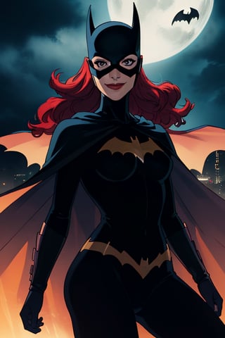 Batgirl, perfect symmetrical eyes, perfect face, smilng at camera. (HDR), HQ , illustration, very detailed, beautiful and aesthetic, (ultra quality image), Highly detailed, (ultra detailed image), ultra high res, high contrast, ambient lighting, Exquisite details and textures, cinematic shot, ultra-detailed, ultra highres, uhd, sharp focus, 1 woman, females, 17 year old,a solo, Batgirl, (batgirl full costume, arkham knight), centered, a beautiful Batgirl, ((black mask)), black top and panties, batman aesthetics, beautiful curves, high emphasis on detail, glowing, dramatic lighting,  smile, batgirl suit, red hair, ((very long cape)), black bodysuit, covered legs, different poses, volumetric lighting, intricate details, tonemapping, sharp focus, hyper detailed, (cinematic look), (saturated color), soft cinematic light, (detailed cloudscape), fantasy, batcave, bats, cave scenery, night scenery, dim light, atmospheric, night