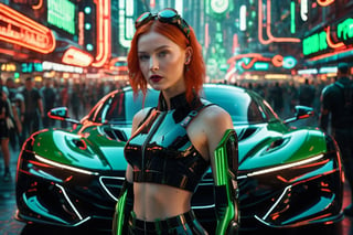 A young woman with red hair, standing next to a vibrant black sports car. She is wearing a futuristic, dark outfit with white accents and a green emblem on her left arm. The backdrop is a bustling urban setting with neon signs, various vehicles, and a dense crowd of people. The atmosphere seems to be that of a cyberpunk city, with a mix of traditional and futuristic elements.