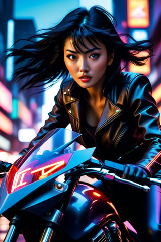 A gritty close-up shot frames determined woman's face, her jaw clenched as she grips Akira's iconic motorcycle, black hair flowing smoothly in wind. Desperate man's grasp wraps around legs, anguished cry echoing through dark cityscape. Neon lights and billboards blur in background like 90's anime dreamscape. Camera zooms out to reveal speeding motorcycle, headlights piercing darkness as woman speeds away from chaos. Dynamic composition mirrors city's jagged lines, kaleidoscope of colors and textures.,Pneumablade