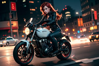 Black caferacer motorcycle driving high speed through the city (speeding), (slow motion: 1.3), (motion blur: 1.3), (speed line: 1.4), sense of speed, hot batgirl, glow eyes, red hair, denim short, sparks and tire smoke, cityscape background, camera on ground, high quality, high resolution, realistic details,Enhance,More Detail