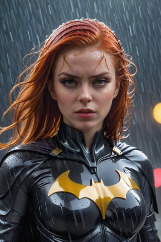 (masterpirce), attractive red head face during heavy rain, a woman in a suit posing for a picture, ( ( bat girl ) ), bat girl without mask, fierce look, angry face, frowning, yellow leotard suit, shoulder pads, red hair, bat girl drenched in the rain, hair drenched in rain, heavy rain, wet clothes, soaked hair, soaked hair, dripping hair, raindrops, clinging clothes, water dripping, black chrome chest plate, abdomen armor, covered abdomen, metal shoulder pads, highly detailed exquisite fanart, alena aenami and artgerm, by Jason Chan, futuristic style batgirl, beautiful digital artwork, batgirl!!!!!, bat girl, no mask, without a mask, Extremely Realistic
