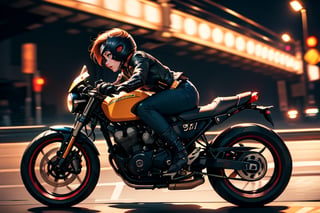 Black caferacer motorcycle driving high speed through the city (speeding), (slow motion: 1.3), (motion blur: 1.3), (speed line: 1.4), sense of speed, hot batgirl, glow eyes, red hair, denim short, sparks and tire smoke, cityscape background, camera on ground, high quality, high resolution, realistic details,Enhance,More Detail