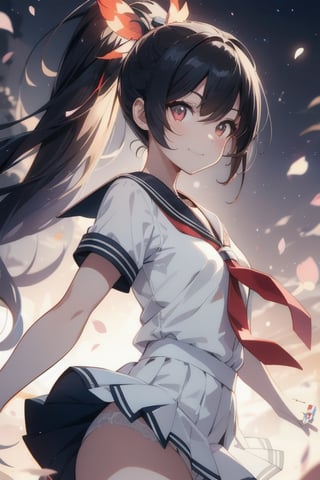 anime style beautiful woman, 1girl, (ponytail), black hair, (long hair), Action pose, 
(smile), Slender, skinny,  thick eyebrows, 
(school uniform), (sailor uniform), ((red sailor tie)), (white sailor blouse), (dark skirt), white panties,
vibrant colors, sharp focus, best quality, depth of field, cinematic lighting, (illustration, 8k CG, extremely detailed), ultra-detailed, high resolution, firefliesfireflies, perfect light, 
stylish pose, 8k, very clear, highest quality, high resolution. best quality, illustration, sax blue, 1girl, cute, (dynamic lighting:1.2), cinematic lighting, delicate facial features, detailed eyes, sharp pupils, realistic pupils, depth of field, bokeh, sharp focus, (hyper-detailed, bloom, glow:1.4) Windy
