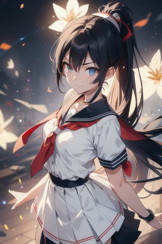 anime style beautiful woman, 1girl, (ponytail), black hair, (long hair), (smile), 
Slender, skinny, (turime), thick eyebrows, 
(school uniform), (sailor uniform), ((red sailor tie)), (white sailor blouse), (dark skirt),
vibrant colors, sharp focus, best quality, depth of field, cinematic lighting, (illustration, 8k CG, extremely detailed), ultra-detailed, high resolution, firefliesfireflies, perfect light, 
stylish pose, 8k, very clear, highest quality, high resolution. best quality, illustration, sax blue, 1girl, cute, (dynamic lighting:1.2), cinematic lighting, delicate facial features, detailed eyes, sharp pupils, realistic pupils, depth of field, bokeh, sharp focus, (hyper-detailed, bloom, glow:1.4)