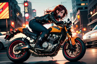 Black caferacer motorcycle driving high speed through the city (speeding), (slow motion: 1.3), (motion blur: 1.3), (speed line: 1.4), sense of speed, hot batgirl, glow eyes, red hair, denim short, sparks and tire smoke, cityscape background, camera on ground, high quality, high resolution, realistic details,Enhance,More Detail