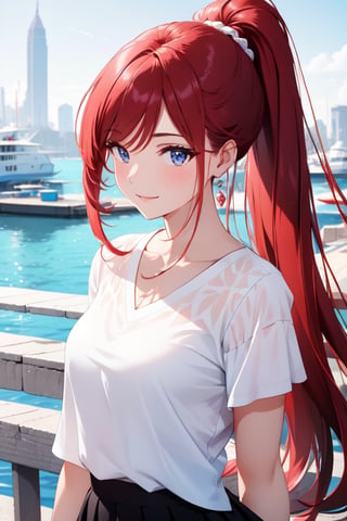 Pretty and beautiful girl. She wears a very fancy summer casual outfit (Black sportswear, white blouse, white tennis). She is a very badass. Hyperdetailing masterpiece, hyperdetailing skin, masterpiece quality, with 4k resolution. Tender gaze. Very long hair, ponytail hairtyle, red hair. Blue eyes. She is smiling. Park in background. beautiful and shiny skin, beautiful and detailed eyes, beautiful and detailed outfit. Detailed hands. Beautiful adbomen. proportional body. City in background.