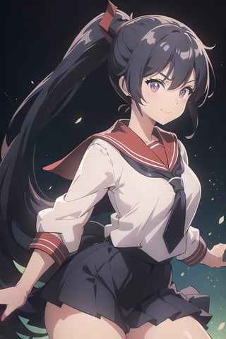 anime style beautiful woman, 1girl, (ponytail), black hair, (long hair), Action pose, 
(smile), Slender, skinny,  thick eyebrows, 
(school uniform), (sailor uniform), ((red sailor tie)), (white sailor blouse), (dark skirt), white panties,
vibrant colors, sharp focus, best quality, depth of field, cinematic lighting, (illustration, 8k CG, extremely detailed), ultra-detailed, high resolution, firefliesfireflies, perfect light, 
stylish pose, 8k, very clear, highest quality, high resolution. best quality, illustration, sax blue, 1girl, cute, (dynamic lighting:1.2), cinematic lighting, delicate facial features, detailed eyes, sharp pupils, realistic pupils, depth of field, bokeh, sharp focus, (hyper-detailed, bloom, glow:1.4) Windy,nodf_lora