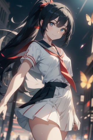 anime style beautiful woman, 1girl, (ponytail), black hair, (long hair), Action pose, 
(smile), Slender, skinny,  thick eyebrows, 
(school uniform), (sailor uniform), ((red sailor tie)), (white sailor blouse), (dark skirt), white panties,
vibrant colors, sharp focus, best quality, depth of field, cinematic lighting, (illustration, 8k CG, extremely detailed), ultra-detailed, high resolution, firefliesfireflies, perfect light, 
stylish pose, 8k, very clear, highest quality, high resolution. best quality, illustration, sax blue, 1girl, cute, (dynamic lighting:1.2), cinematic lighting, delicate facial features, detailed eyes, sharp pupils, realistic pupils, depth of field, bokeh, sharp focus, (hyper-detailed, bloom, glow:1.4)