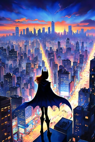 (masterpiece, best quality), (busy city,bustling atmosphere, silhouette of a teenage girl (batgirl costume) at the top of a building looking down at the street), dusk, neon lights, high-rise buildings, twinkling cityscape, energetic pedestrians, rushing traffic, vibrant colors, urban metropolis, hustle and bustle, modern architecture, skyscrapers, city lights, asphalt roads, flickering street lamps, urban soundscape, blurred motion of cars and people, urban sprawl, city at night, nightlife, teenager's contemplative stance, isolated figure, loneliness in the crowd, ethereal atmosphere, mysterious aura, reflection of city lights on the windows, warm glow of the setting sun, exciting energy, imposing shadows, towering skyscrapers, rebellious spirit, expansive city view, vivid vitality, metropolitan dreamscape, urban exploration, romanticized chaos, captivating skyline, anonymous faces, concrete jungle, raw emotions, inspiring heights, clenched fists, hazy skyline, endless possibilities,Enhanced All,ghibli,cyber