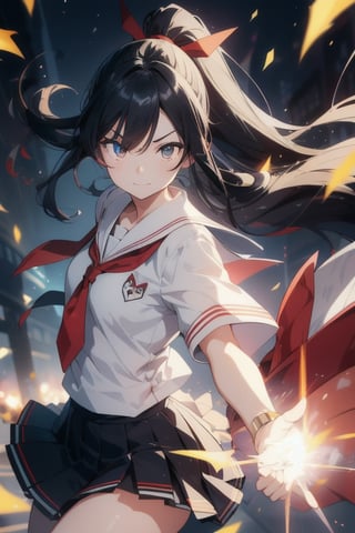 anime style beautiful woman, 1girl, (ponytail), black hair, (long hair), (smile), 
Slender, skinny, (turime), thick eyebrows, 
(school uniform), (sailor uniform), ((red sailor tie)), (white sailor blouse), (dark skirt),
 ((rushpunch, punching, clenched hands, oreshortening, incoming attack, aura, afterimage, motion lines, speed lines, motion_blur,  energy, glowing,)), 
vibrant colors, sharp focus, best quality, depth of field, cinematic lighting, (illustration, 8k CG, extremely detailed), ultra-detailed, high resolution, firefliesfireflies, perfect light, 
stylish pose, 8k, very clear, highest quality, high resolution. best quality, illustration, sax blue, 1girl, cute, (dynamic lighting:1.2), cinematic lighting, delicate facial features, detailed eyes, sharp pupils, realistic pupils, depth of field, bokeh, sharp focus, (hyper-detailed, bloom, glow:1.4)