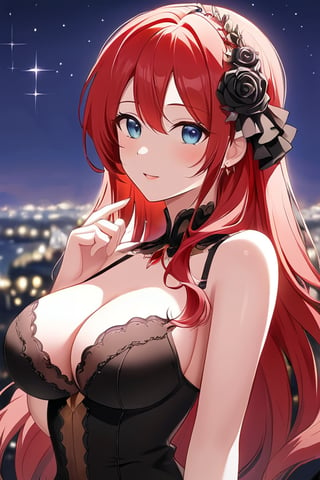 Quality Masterpiece, Top Quality, Aesthetic, //Character 1 Girl, A beautiful girl, with red hair, a beautiful face. wearing a black sweter against the background of Ghotan City by night