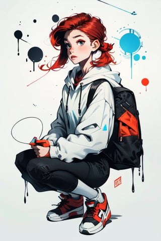 full_body, 14 year old, red hair, cute urban street kid girl with pale skin and red hair in pigtails, wearing hoodie and large backpack,dark eyes,  looking at her phone, ink splatter,  pop art style midjourney, 1 girl, SAM YANG, realhands, SAM YANG
