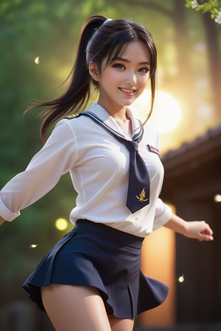 beautiful japan woman, 1girl, (ponytail), black hair, (long hair), Action pose, Spinning,
(smile), Slender, skinny,  thick eyebrows, 
(school uniform), (sailor uniform), ((black sailor tie)), (white sailor blouse), (dark skirt), (sexy white panties),
vibrant colors, sharp focus, best quality, depth of field, cinematic lighting, (illustration, 8k CG, extremely detailed), ultra-detailed, high resolution, firefliesfireflies, perfect light, highest quality, high resolution. best quality, illustration, (dynamic lighting:1.2), cinematic lighting, delicate facial features, detailed eyes, sharp pupils, realistic pupils, depth of field, bokeh, sharp focus, (hyper-detailed, bloom, glow:1.4) Windy,nodf_lora,holding sword,clothing_inner_view