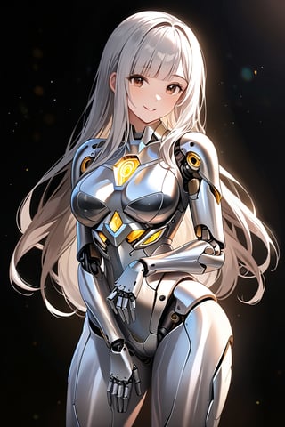 A curvy female contrapposto.a hand on crotch.30 yo.her glossy silver chrome mechanical body and mechanized joints revealing intricate internal structures.Her chrome-silver body reflects her surroundings and glistening in soft light.highlighting mechanical joints that subtly flex to showcase synthetic physiology.silver hair.long hair with diagonal bangs.Glossy dark brown eyes aglow with an inner light,hip,looking at viewer,a hand on crotch,glad,black background blurred,niji5