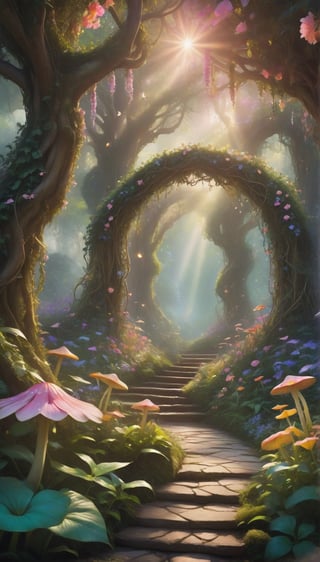A whimsical scene unfolds in the heart of Fairland, where elves dance amidst a kaleidoscope of flowers and vines within a mystical magic forest. Soft morning light filters through the canopy above, casting dappled shadows on the lush undergrowth. Elves' delicate features glow with an otherworldly aura as they twirl and leap among the petal-strewn paths.