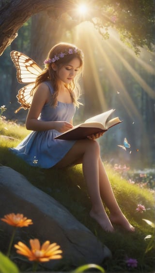 1girl, flower, outdoors, tree, book, sunlight, grass, bug, fire, butterfly, nature, scenery, forest, light rays, fantasy, magic, fairy, sunbeam