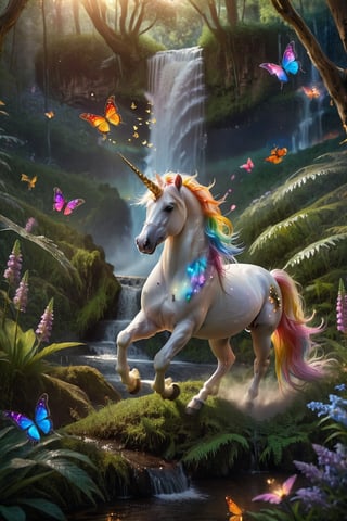 Enchanting moonlit scene: a majestic rainbow unicorn prances beneath the starry night sky, surrounded by a lush forest teeming with fireflies and butterflies. In the background, a breathtaking waterfall cascades into a picturesque landscape, where a majestic castle rises majestically. The unicorn's ethereal mane glows softly in the moonlight, as if infused with magic. Details of the forest floor, from the waterfalls' misty veil to the tiniest leaves, are rendered in photorealistic clarity.  flower, outdoors, tree, book, sunlight, grass, bug, fire, butterfly, nature, scenery, forest, light rays, fantasy, magic, fairy, sunbeam