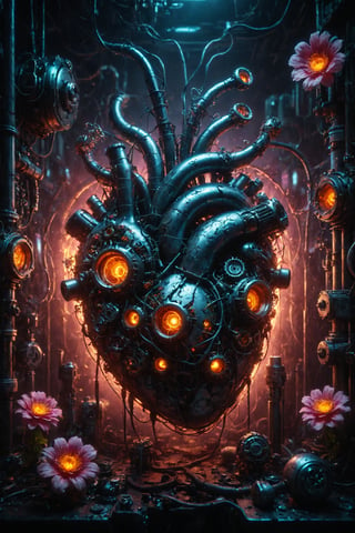 beautifull luxury and mitic escena of a human bio-cyberg heart with neon tubes, metal gears, and flowers growing among its arteries and veins, fusion cyberpunk, steampunk, biology natual