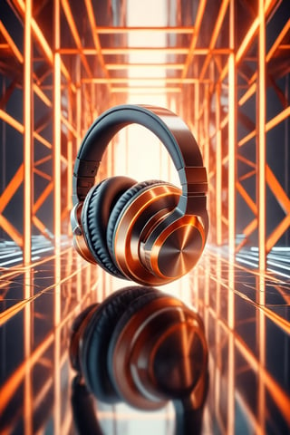 An headphone parked on the mirror surface of an abstract geometric structure in a hightech style, surrounded by orange light strips, reflection photography, hyper quality, bright background, advertising photography, advertising poster, high resolution, hyperrealistic rendering